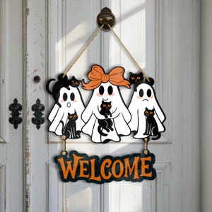 Halloween Cute Ghost and Black Cat, Family On Broom Door Hanger, Halloween Wooden Welcome Door Sign, Fall Decor, Halloween Gift
