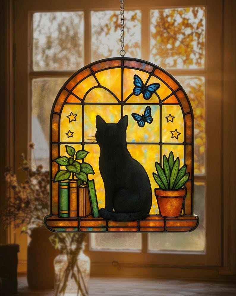 Stained Suncatcher, Black Cat With Books and Plants Window Hanging ...