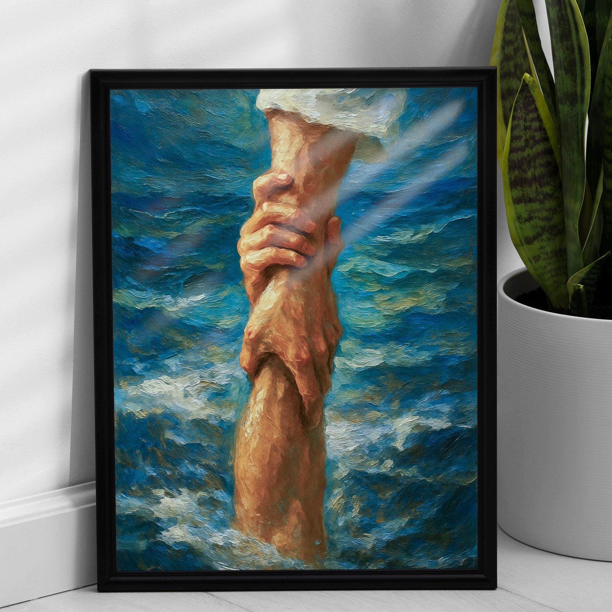 Faith and Rescue Poster, Jesus Reaching Hand Painting, Christian Wall ...