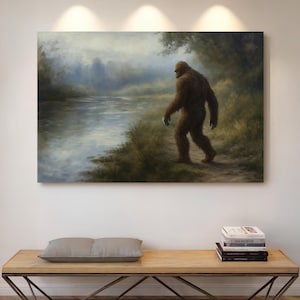 Bigfoot Canvas Poster, Vintage Forest River Painting Wall art, Cryptid Sasquatch Oil Style Print, Rustic Decor for Nature and Mystery Lovers