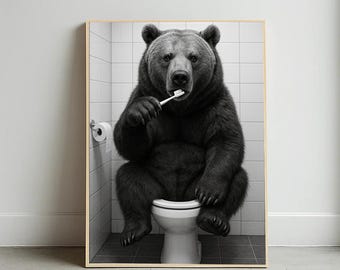 Funny Bear Bathroom Art, Black and White Animal Print, Bear on Toilet Canvas, Bear Poster, Funny Gift, Home decor, Gift for Him and Her