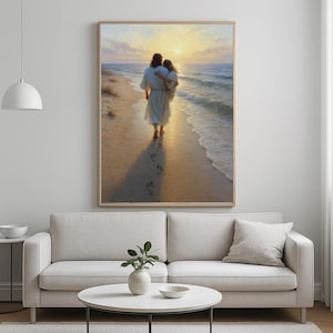 Jesus Carrying Woman Poster, Spiritual Wall Art, Footprints in the Sand Sunset Painting, Christian Gift for Faith, Encouragement Gift