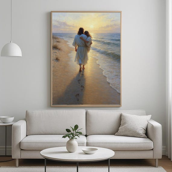 Jesus Carrying Woman Poster, Spiritual Wall Art, Footprints in the