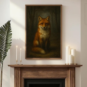 Fox Forest Wall Art, Vintage Woodland Animal Portrait, Dark Academia Wildlife Canvas, Rustic Decor, Fox Forest Poster, Rustic Home decor