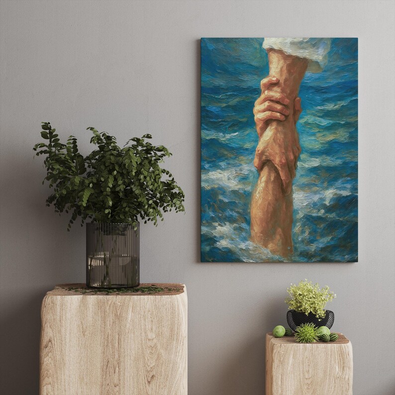 Faith and Rescue Poster, Jesus Reaching Hand Painting, Christian Wall ...