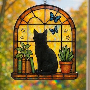 Stained Suncatcher, Black Cat with Books and Plants Window Hanging, Whimsical Home and Halloween Decor, Halloween Gift
