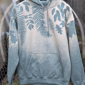 Fern Bleach Dyed Sage Green Pull Over Hoodie Nature Inspired Forest Hooded Sweater with Ferns and Leaves