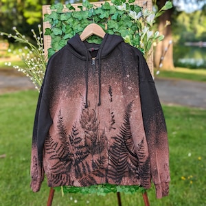 Fern Bleach Dyed Black Zip up Hoodie Nature Inspired Forest Hooded Sweater With Ferns and Leaves Tie Dye Red or White Blend Etsy