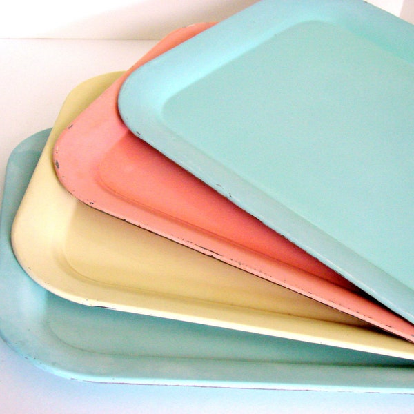Saved and Reserved for beatricebow - Vintage Pastel Metal Serving Trays Flamingo Pink Turquoise Blue Pale Yellow