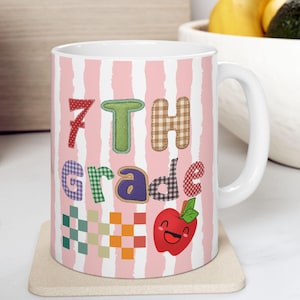 Seventies Vibes Graphic Mug | Retro Patchwork Letters Cherry Design