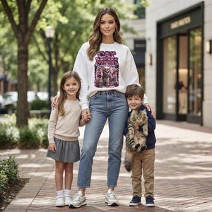 Puede incluir: Una sudadera blanca de manga larga con un estampado gráfico que incluye el texto CAT MOM e ilustraciones de gatos en tonos morados y negros. La sudadera se combina con vaqueros azules, un suéter beige, una falda gris y pantalones color canela.