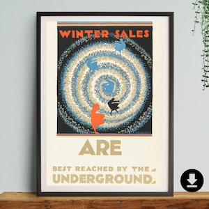 Vintage London Print, poster, DIGITAL DOWNLOAD, underground, Gallery,Wall, sign, Art, Decor, Retro, Gift, him, her, present, train, A3,A4,A2