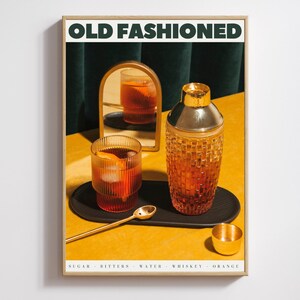Old Fashioned Cocktail, Art Print, Poster, Retro Drink, Minimalist Large Wall, Bar Decor, Digital Download, Vintage, gift, her, kitchen