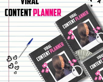 May include: Three black spiral bound notebooks with the text "Viral Content Planner" on the cover. Each notebook has a photo of a woman with long black hair and a pink heart graphic. The notebook on the bottom has the text "ITGIRLSDIGITALS" on the bottom left corner.