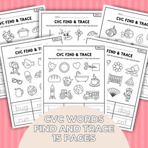 CVC Words Find And Trace Printable Worksheets, 1st Grade Coloring Activity Book, Learn to Read Montessori Printable, Toddler Activities