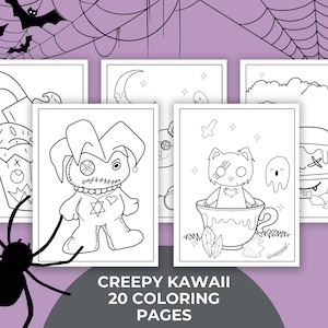 Halloween Kawaii Coloring Pages, Halloween Kawaii Coloring Book, Cute Coloring Pages, Skull Spooky Goth Digital Coloring, Instant Download