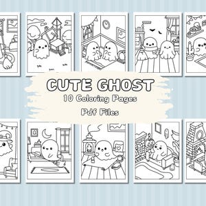 10 Cute Ghost Halloween Coloring Book, Halloween Kawaii Coloring Pages, Halloween Coloring Pages, Spooky Activity Sheets, Printable Pages
