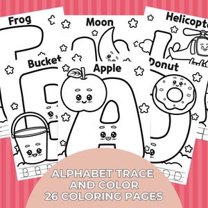 26 hojas de trabajo para trazar y colorear el alfabeto, páginas para colorear para aprender el alfabeto, imprimibles preescolares kawaii, impresiones educativas del alfabeto, PDF