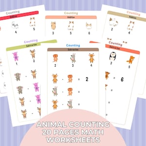 Printable Animal Counting Math Worksheets, Beginner Math Activities, Printable Educational Worksheets, Addition & Subtraction Worksheets