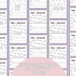 50 Printable Fry&#39;s Sight Word Kindergarten Worksheet, Preschool Sight Word Read Write, Printable Activity Book, Kindergarten Activities