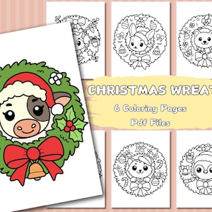 Christmas Wreath Coloring Pages, Cute Animal Coloring For Kids, Christmas Coloring Activity, Holiday Coloring Pages, Digital Download