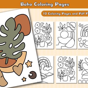 10 Boho Coloring Pages, Bold and Easy Coloring Book,  Relaxation & Stress Relief Coloring, Minimalist Boho Art,  Simple Line Art, Digital