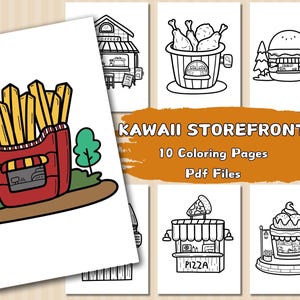 Kawaii Storefronts Coloring Pages, Cute Coloring Book For Kids, Urban Sketch Coloring, Printable Coloring Pages, Stress Relief, Digital