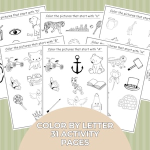 Hojas de trabajo para colorear por letra para preescolar, paquete de aprendizaje para preescolar y jardín de infantes, hojas de trabajo de actividades imprimibles, aprendizaje del alfabeto para niños pequeños