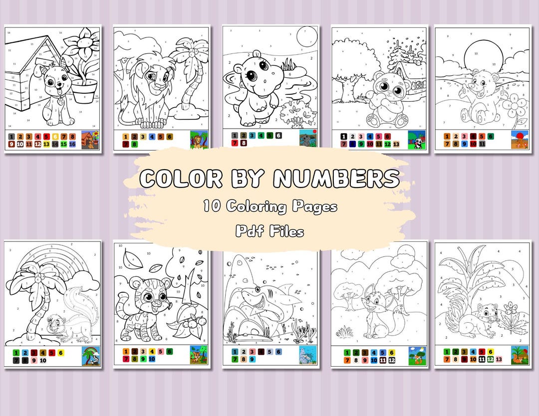 10 Color by Number Kids Printable Worksheets, Animals Paint by Number