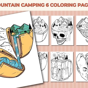6 Mountain Camping Coloring Pages for Adults, Landscape Coloring Pages, Aesthetic Coloring Pages, Boho Coloring, Digital Download PDF