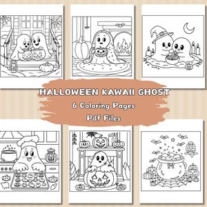 6 Halloween Kawaii Ghost Coloring Pages, Cute Ghost Halloween Coloring, Coloring Pages For Kids, Printable Kawaii Coloring Pages, Digital