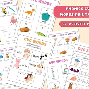 Phonics CVC Words Printable Worksheets for Kindergarten, CVC Word Families Spelling & Reading Printables, Homeschool Kids Resource, Digital