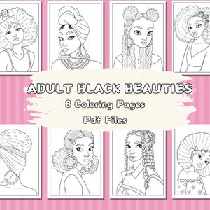 大人の黒人美女の塗り絵、かわいい黒人の女の子の塗り絵、黒人の女の子の塗り絵、印刷可能な PDF ファイル、デジタル ダウンロード