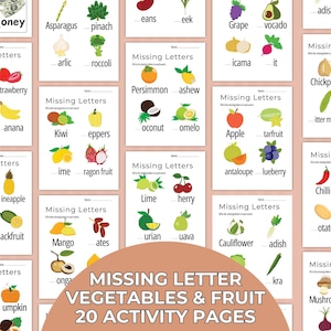 Hojas de trabajo con letras faltantes sobre frutas y verduras, actividad de escritura del alfabeto, actividades de ortografía para niños pequeños, carpeta de aprendizaje de ELA, libro de actividades