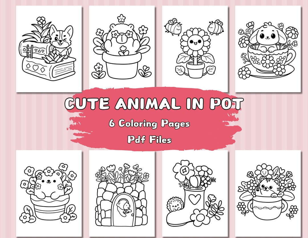 Cute Animal in Pot Coloring Pages, Kawaii Flowers Coloring Pages, Baby ...