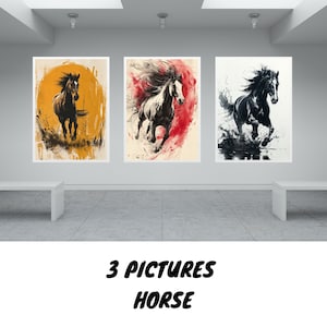 Druckbare digitaler Download, 3 Bilder von Pferd, druckbare Wandkunst, sofort herunterladbar, chinesische Tusche