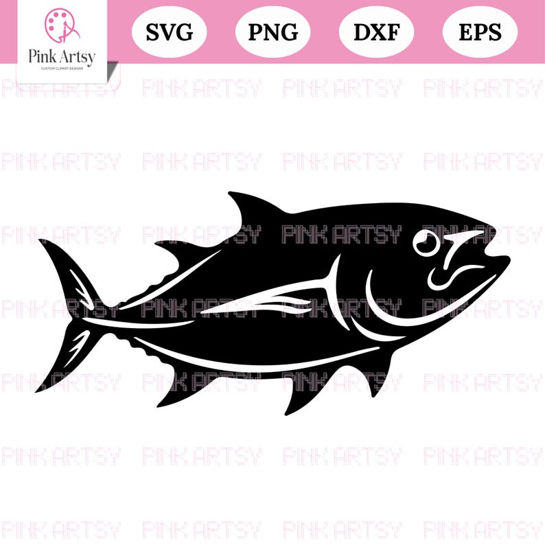 May include: Black silhouette of a fish with detailed fins and scales. The image includes the text "SVG", "PNG", "DXF", and "EPS" in the top right corner. The Pink Artsy logo is in the top left corner.