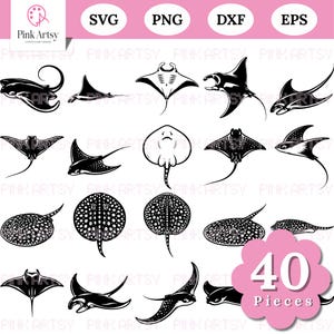 Könnte beinhalten: Eine Sammlung von 40 schwarz-weißen Stechrochen-Illustrationen in verschiedenen Posen. Das Bild enthält den Text "SVG, PNG, DXF, EPS" und "40 Pieces". Das Pink Artsy-Logo befindet sich in der oberen linken Ecke.