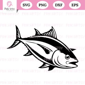 May include: Black and white illustration of a tuna fish. The image is a vector graphic, with the words "SVG", "PNG", "DXF", and "EPS" at the top. The Pink Artsy logo is in the upper left corner.