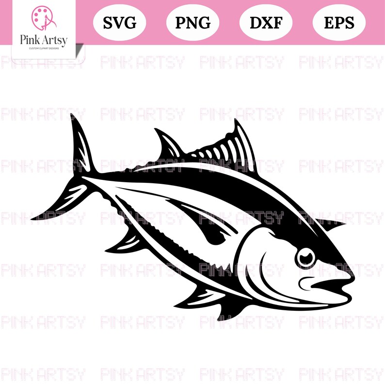 May include: Black and white illustration of a tuna fish. The image is a vector graphic, with the words "SVG", "PNG", "DXF", and "EPS" at the top. The Pink Artsy logo is in the upper left corner.
