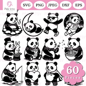 Pacchetto SVG di simpatici panda: 60 file Cricut personalizzati (download digitale) disponibili nei formati Svg, Png, Jpeg, Dxf e EPS. Panda vettoriale, panda divertente.
