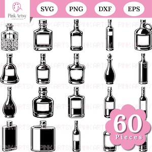 May include: A collection of 18 black and white vector illustrations of various liquor bottles. The image includes the text "SVG", "PNG", "DXF", and "EPS" at the top, and a pink flower-shaped graphic with the text "60 Pieces".