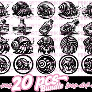 May include: A set of 20 black and white vector illustrations of hermit crabs in various poses. The illustrations include hermit crabs in bottles, hermit crabs walking, and hermit crabs in circles. The illustrations are perfect for use in a variety of projects, such as t-shirt designs, website graphics, and social media posts.
