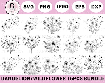 SVG-bundel paardebloem wilde bloemen: bloemen clipart, Cricut, lasergesneden (digitale download)