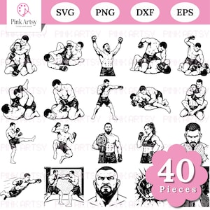 May include: Black and white illustrations of mixed martial arts fighters in various poses, including grappling, striking, and celebrating victories. The image includes the text "SVG, PNG, DXF, EPS" and "40 Pieces".