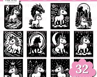 Könnte beinhalten: Eine Sammlung von 32 digitalen Dateien zum Thema Einhorn in den Formaten SVG, PNG, JPEG, DXF und EPS. Jedes Design zeigt ein weißes Einhorn in verschiedenen Szenen, darunter ein Drache, Rosen, ein Mond und Sterne. Die Designs sind in Schwarz und Weiß gehalten.