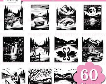 Lake Scene SVG Bundle: Camping, Canoe, Cabin Silhouette Cut Files