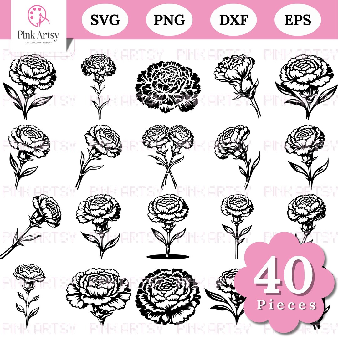 Carnation Flower SVG Bundle, Floral Clipart, Wedding Design (digital ...