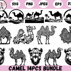 May include: A collection of 14 camel-themed digital designs in SVG, PNG, JPEG, EPS, and DXF formats. The designs include silhouettes, detailed illustrations, and decorative patterns of camels. The text "CAMEL 14PCS BUNDLE" is at the bottom.