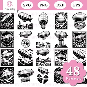 May include: A set of 48 black and white airship illustrations, featuring zeppelins and blimps, in SVG, PNG, DXF, and EPS formats. The designs are diverse, with a pink graphic that says "48 Pieces".